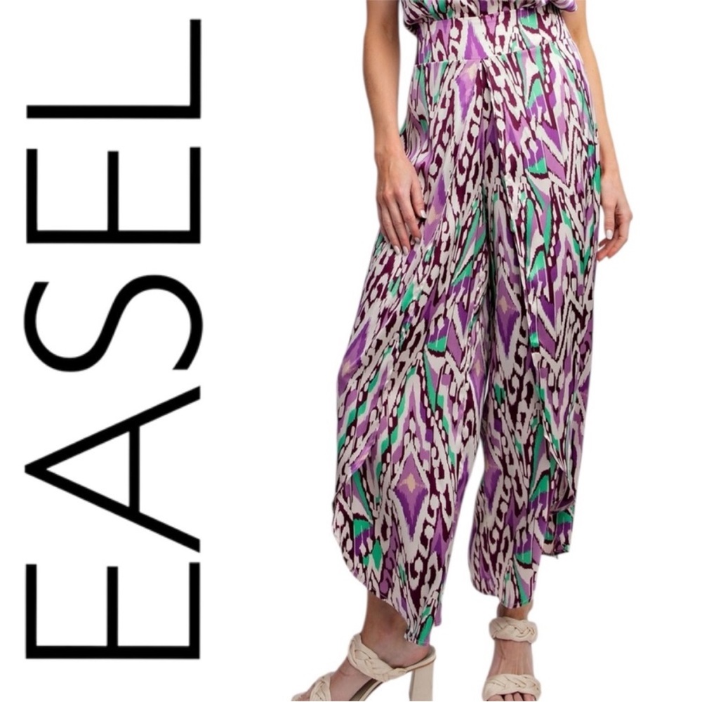 easel Purple & Mint Printed Wide-Leg Jumpsuit Pants